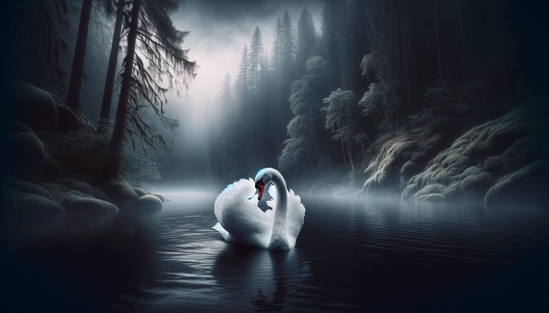 DALL·E 2024-03-09 15.42.15 - The Swan of Tuonela is a mystical creature from Finnish mythology, residing in the dark waters of Tuonela, the realm of the dead. This scene captures .webp